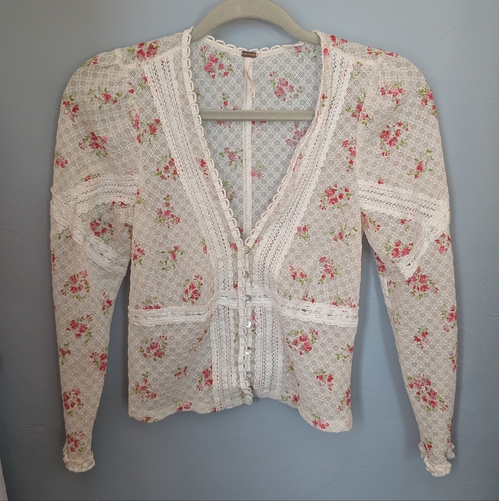 Free People Kika Lace Rose Floral Feminine Top Cardigan